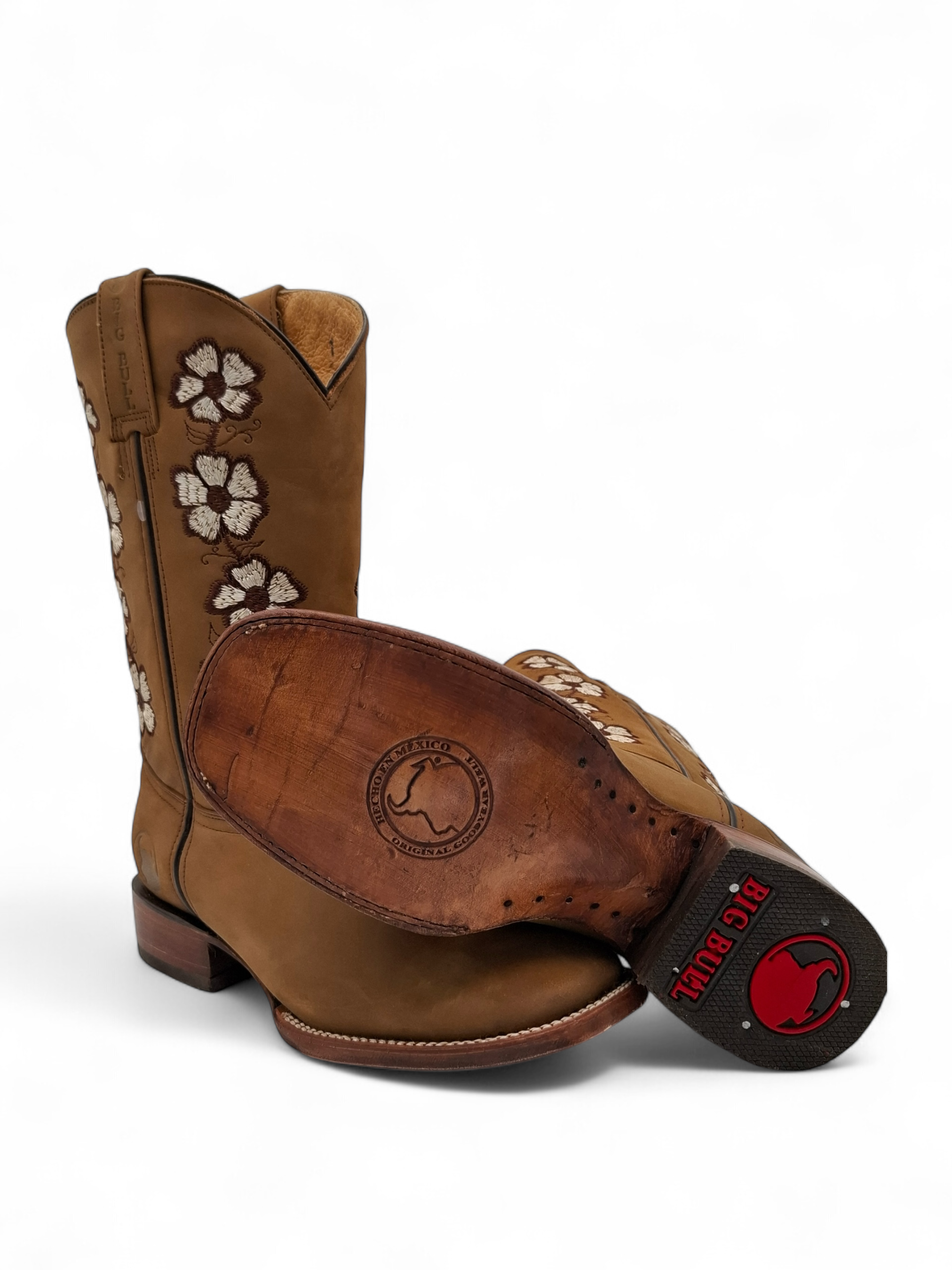 BOTA BIG BULL DAMA BUCKAR CRAZY MIEL FLORES BLANCAS TACON RECTO 0014