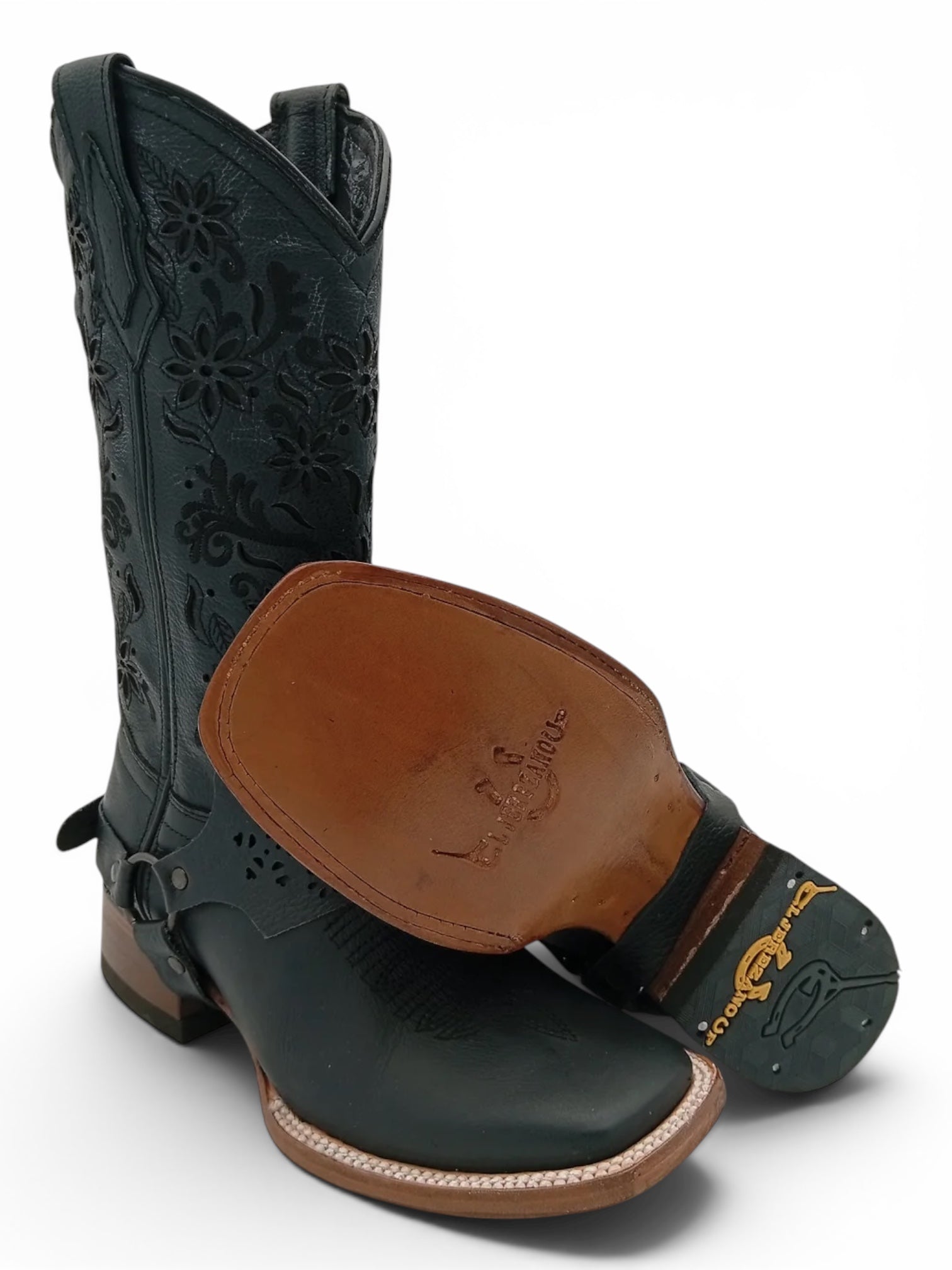 BOTA EL JEREZANO UP LISA NEGRA FLORES SUELA DE CUERO DAMA