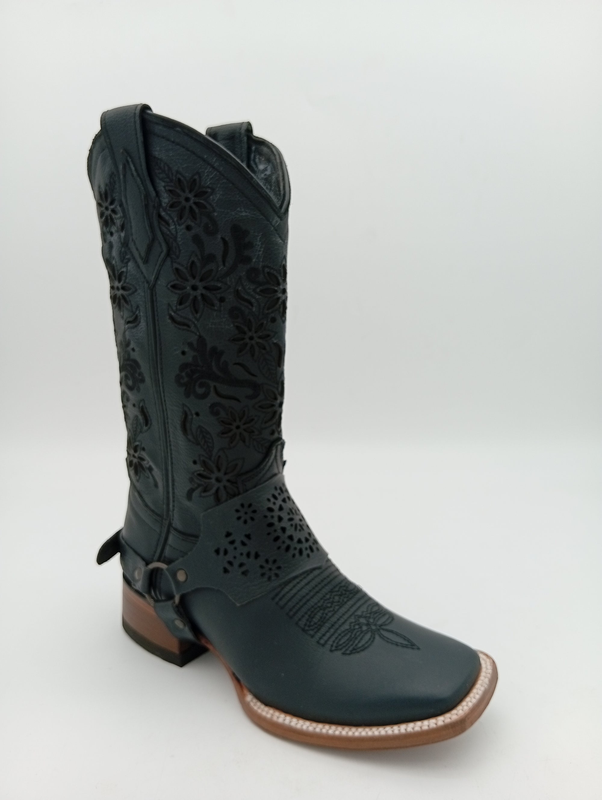 BOTA EL JEREZANO UP LISA NEGRA FLORES SUELA DE CUERO DAMA
