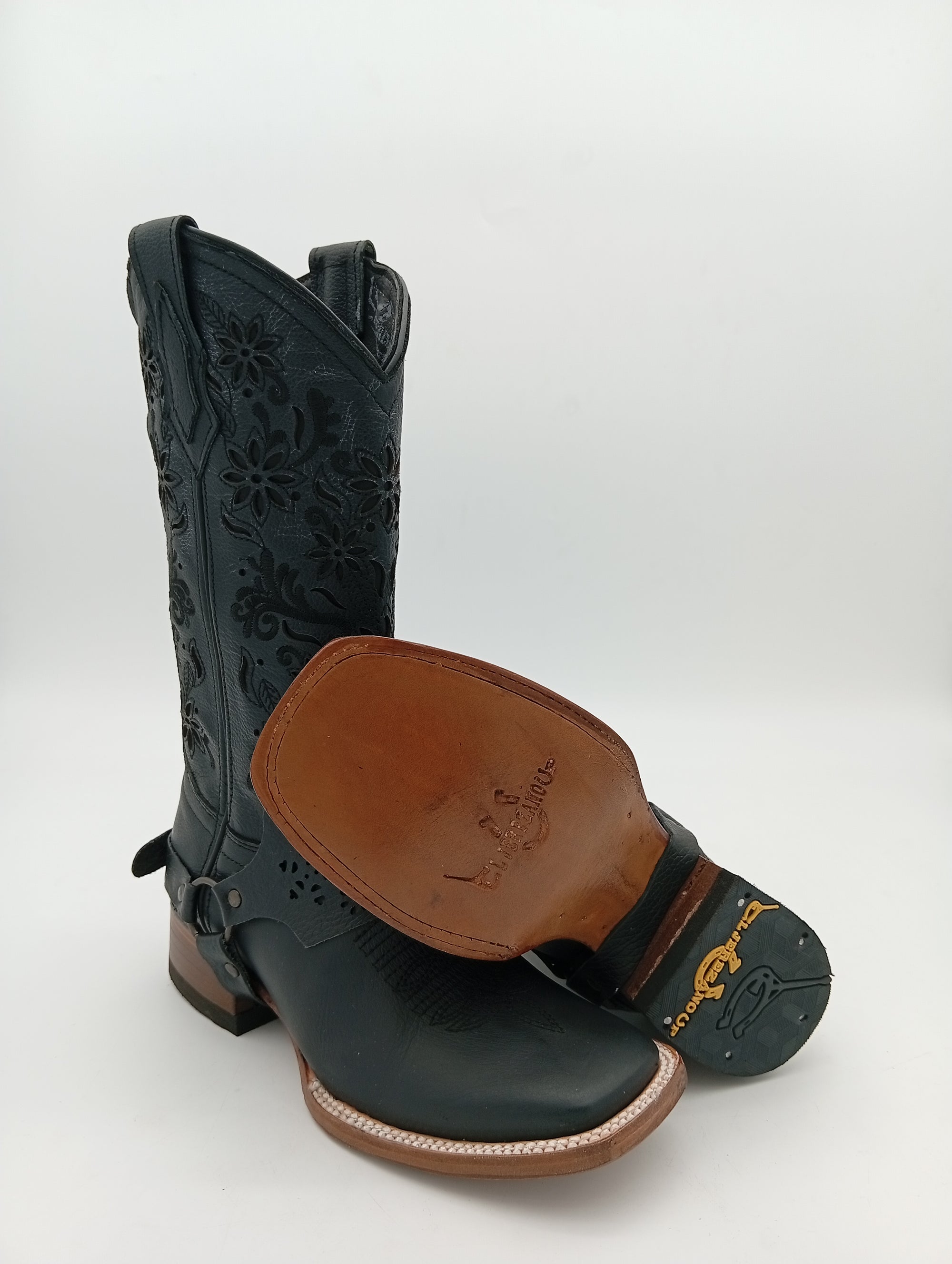 BOTA EL JEREZANO UP LISA NEGRA FLORES SUELA DE CUERO DAMA