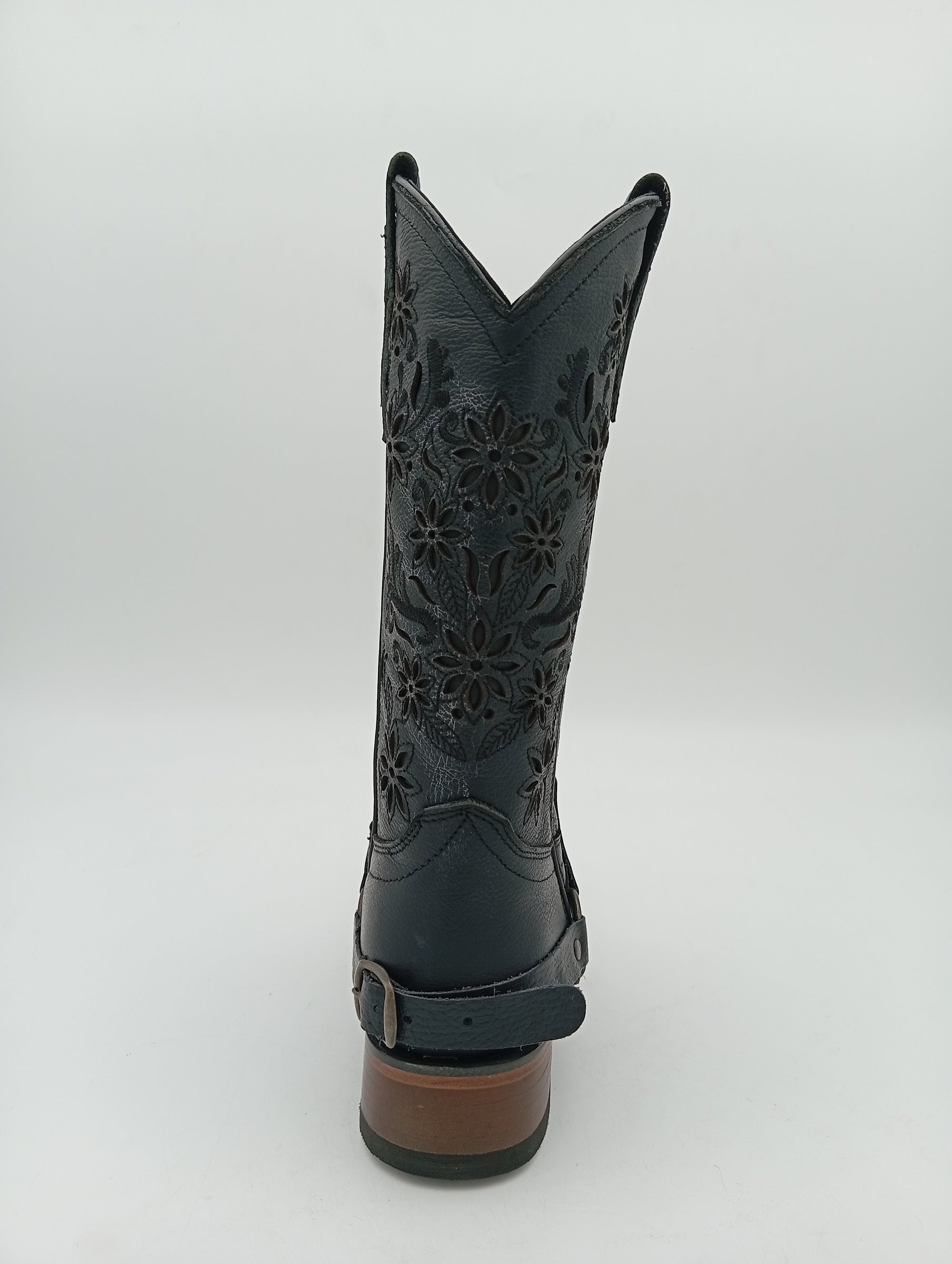 BOTA EL JEREZANO UP LISA NEGRA FLORES SUELA DE CUERO DAMA