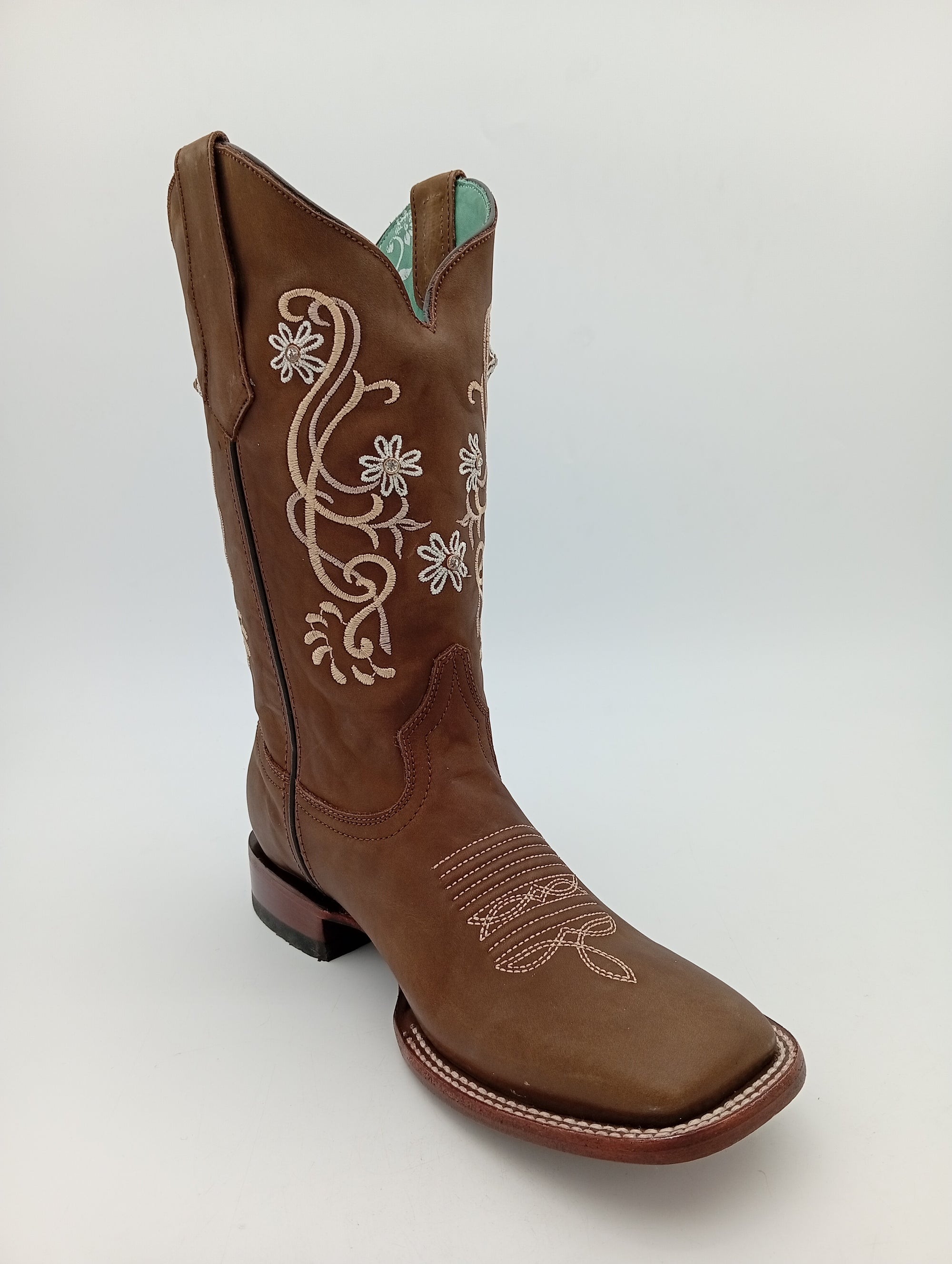 BOTA BUCEFALO BD CRAZY TABACO FLORES BEIGE SUELA DE CUERO DAMA