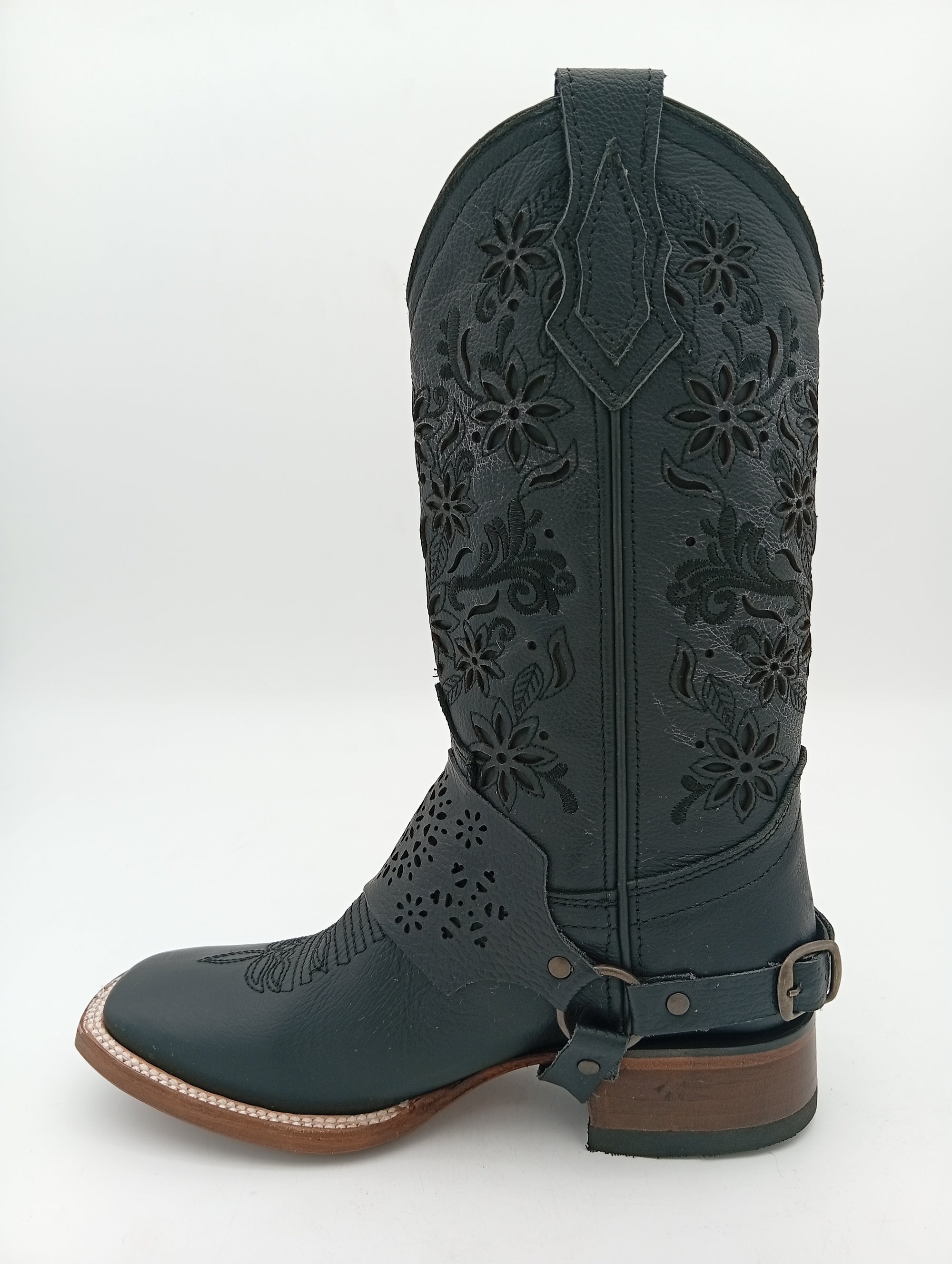 BOTA EL JEREZANO UP LISA NEGRA FLORES SUELA DE CUERO DAMA