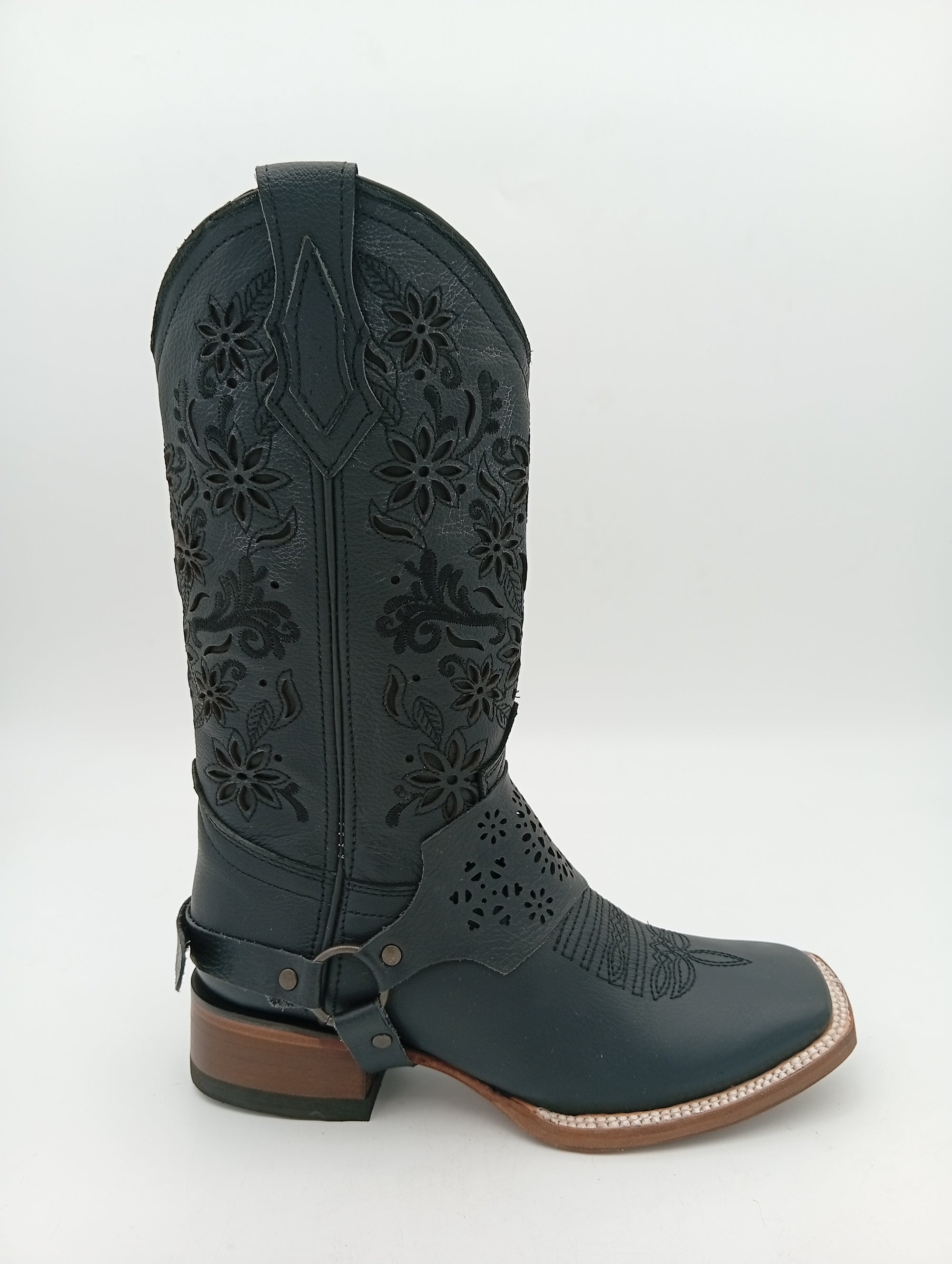 BOTA EL JEREZANO UP LISA NEGRA FLORES SUELA DE CUERO DAMA