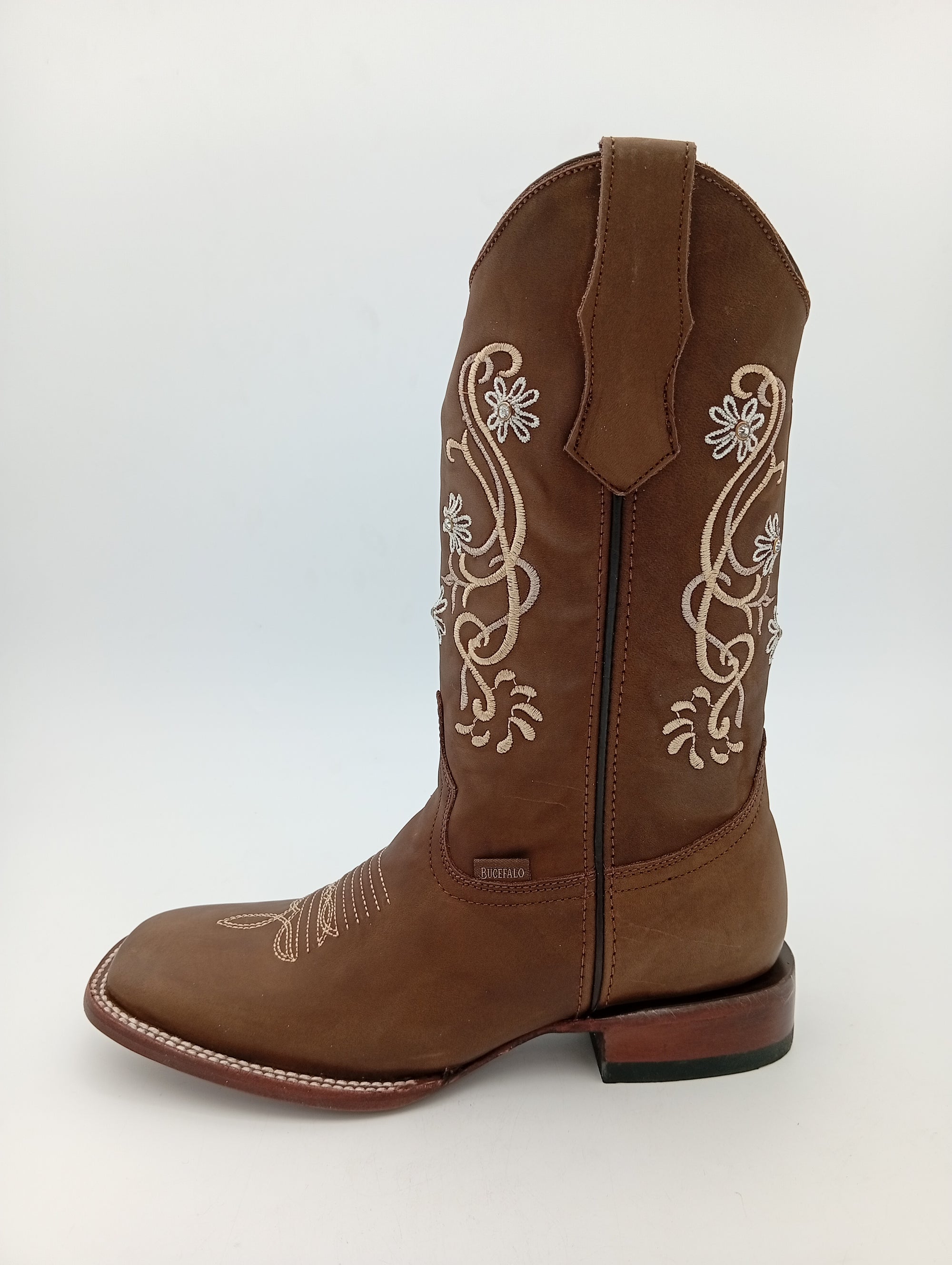 BOTA BUCEFALO BD CRAZY TABACO FLORES BEIGE SUELA DE CUERO DAMA